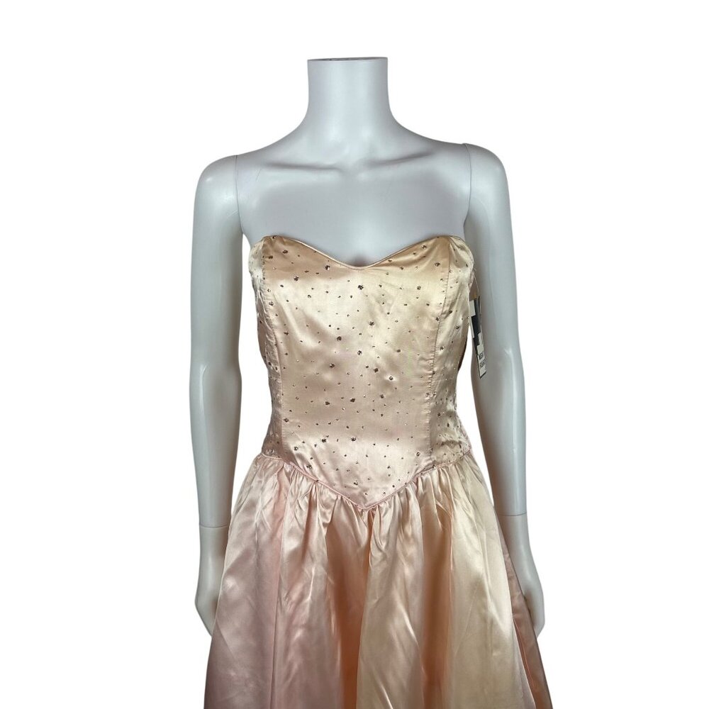 Vintage 80s Prom Dress Womens XS Strapless Peach Satin Glitter Evening Gown Swee - Picture 3 of 16